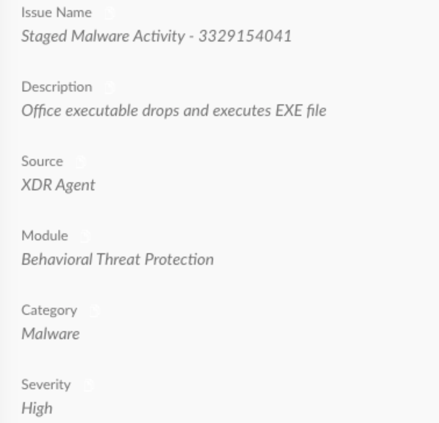 A report screenshot details a staged malware detection, specifically "Office executable drops and executes EXE file," with "XDR Agent" as the source. The detection is marked with a severity level of "2."
