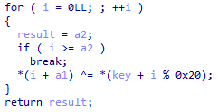 A screenshot displays a code snippet featuring a for loop. The loop initializes a variable, increments it, and includes a conditional break statement. An expression within the loop modifies a memory address using XOR and modulus operations with a variable and a key, and the function returns a result.