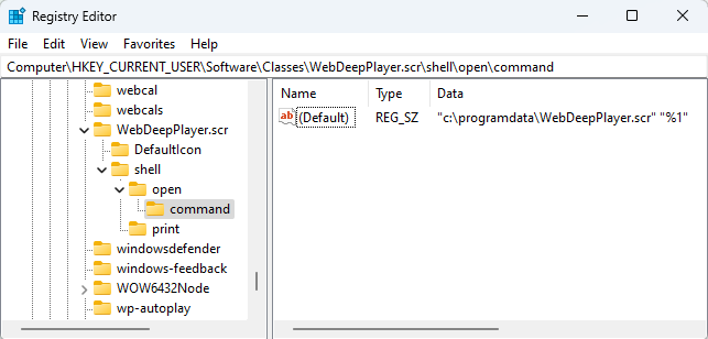 A screenshot displays the Windows Registry Editor, showing a specific registry path. The right pane lists a default value along with its associated data, potentially indicating a persistence mechanism.