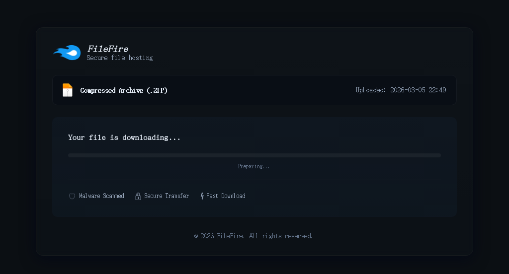 Malicious website shows a dark-themed FileFire file hosting interface. It indicates a compressed archive (ZIP) file being downloaded. The upload date is 2005-03-05 22:49. Features noted include malware scanning, secure transfer, and fast download.