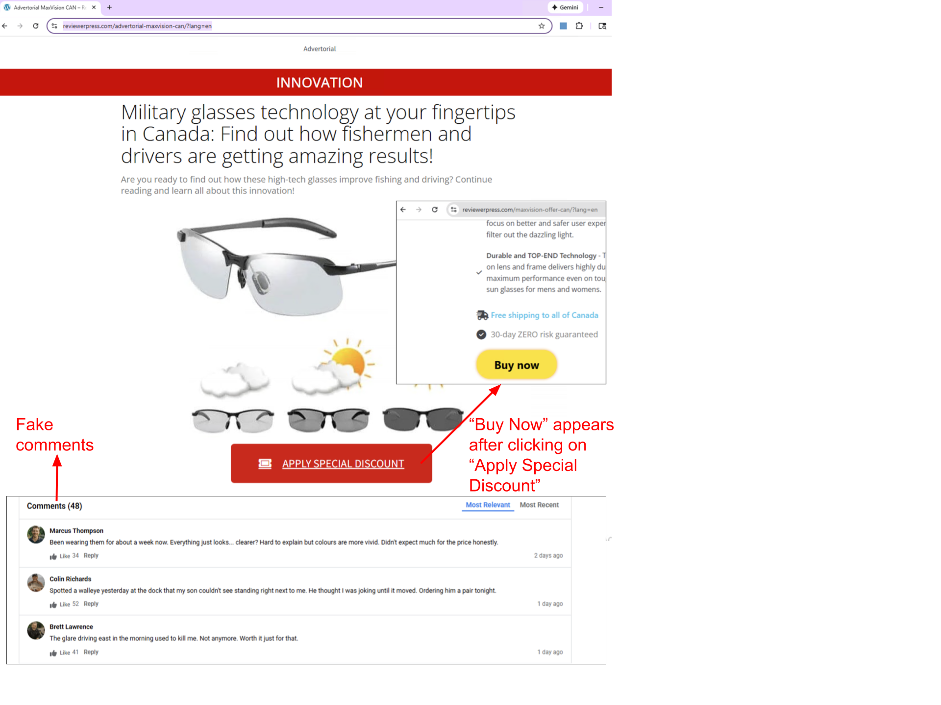 A webpage promoting "military glasses technology," showing an image of sunglasses with descriptive text. There's a highlighted "Apply Special Discount" button. Comments appear at the bottom, one marked "fake comments." A pop-up note on the right reads: "Buy Now" appears after clicking on "Apply Special Discount."