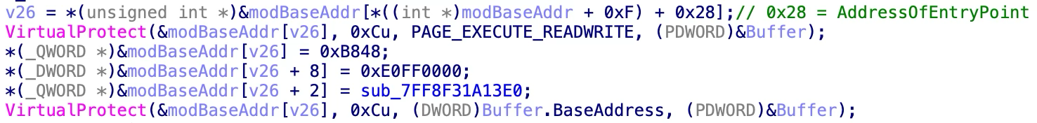 Screenshot of a code snippet with hex values. It includes calls to VirtualProtect and calculations involving memory addresses and offsets.