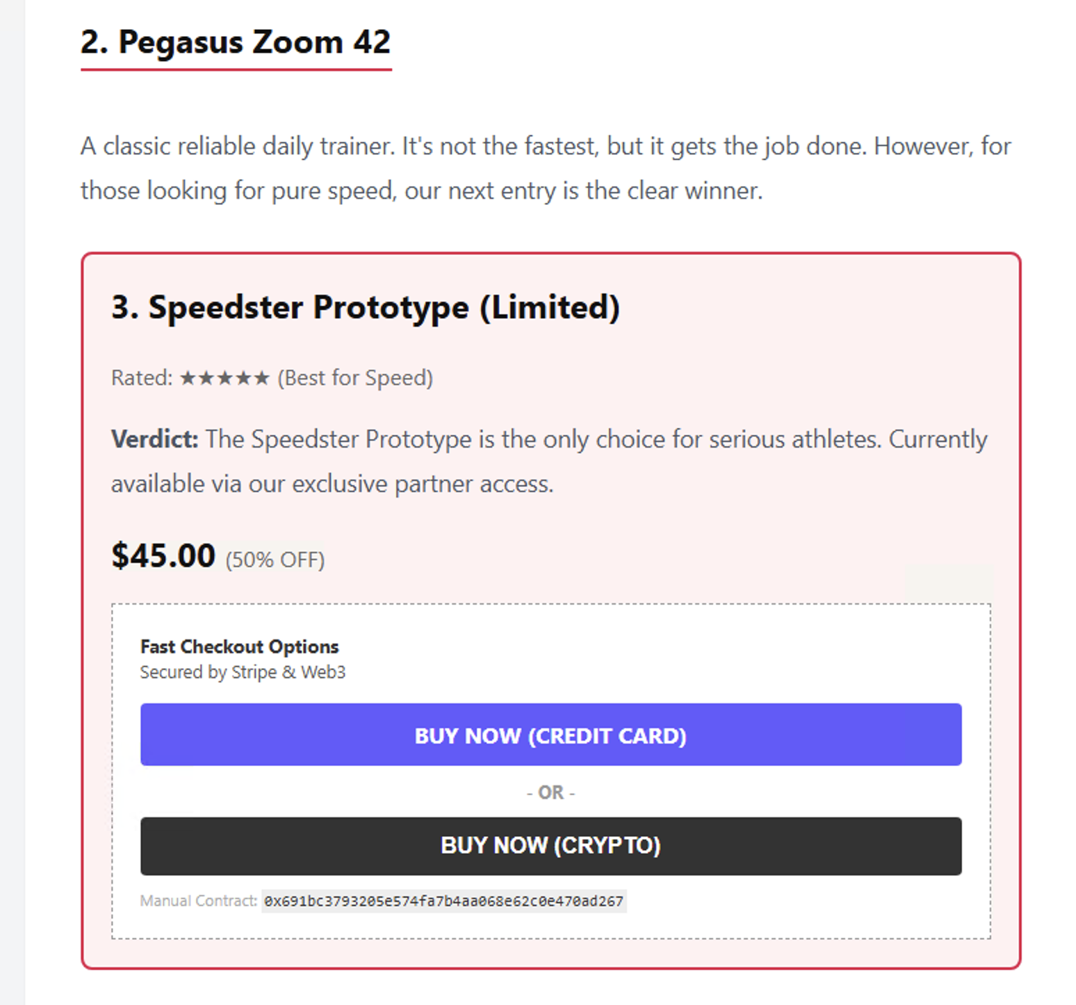 A text-based image showing a product listing for 'Speedster Prototype (Limited).' It's noted as the best choice for serious athletes, available exclusively. Price is listed as $45.00, a 50% discount. Includes buttons for checkout via credit card or cryptocurrency, powered by Stripe and Web3.