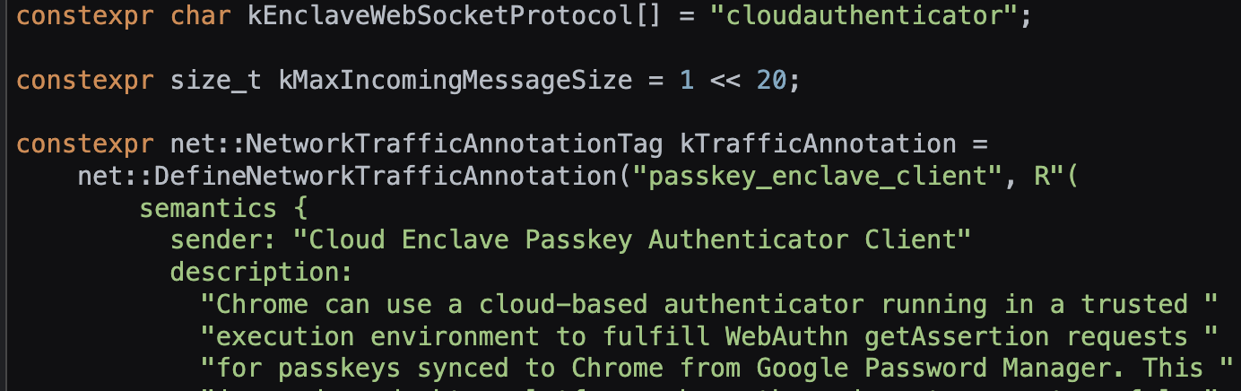 Code snippet showing a character array and constants for a WebSocket protocol related to Chrome's "Cloud Enclave Passkey Authenticator Client" and passkey synchronization.