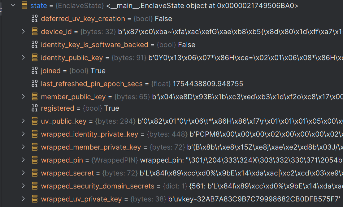 A code snippet displays an internal state object with several attributes. Each entry includes a variable name, data type, and value.