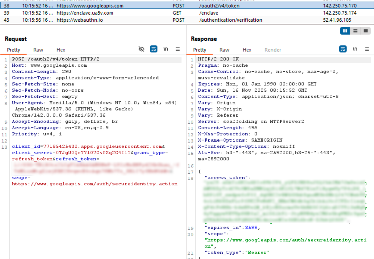 A split-screen view of an HTTP request and response interface. On the left side, a request is made to a URL using POST and includes different parameters. The right side displays the response. The interface is organized under tabs labeled "Request" and "Response".