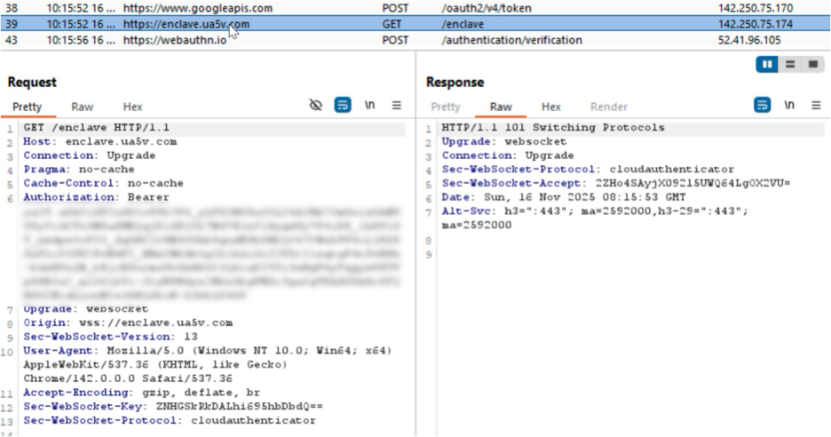 A split-screen view of a network request and response panel. On the left, a request is displayed with details and various headers. On the right, a response is shown with headers including "Upgrade: websocket." 