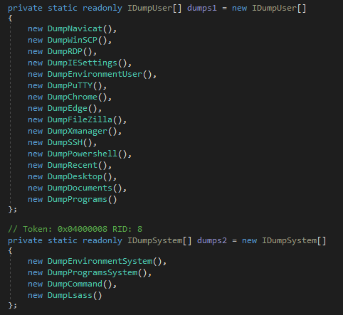 A code snippet in C# language. Function names from the SuperDump tool's code responsible for gathering extensive host reconnaissance information on Windows systems.