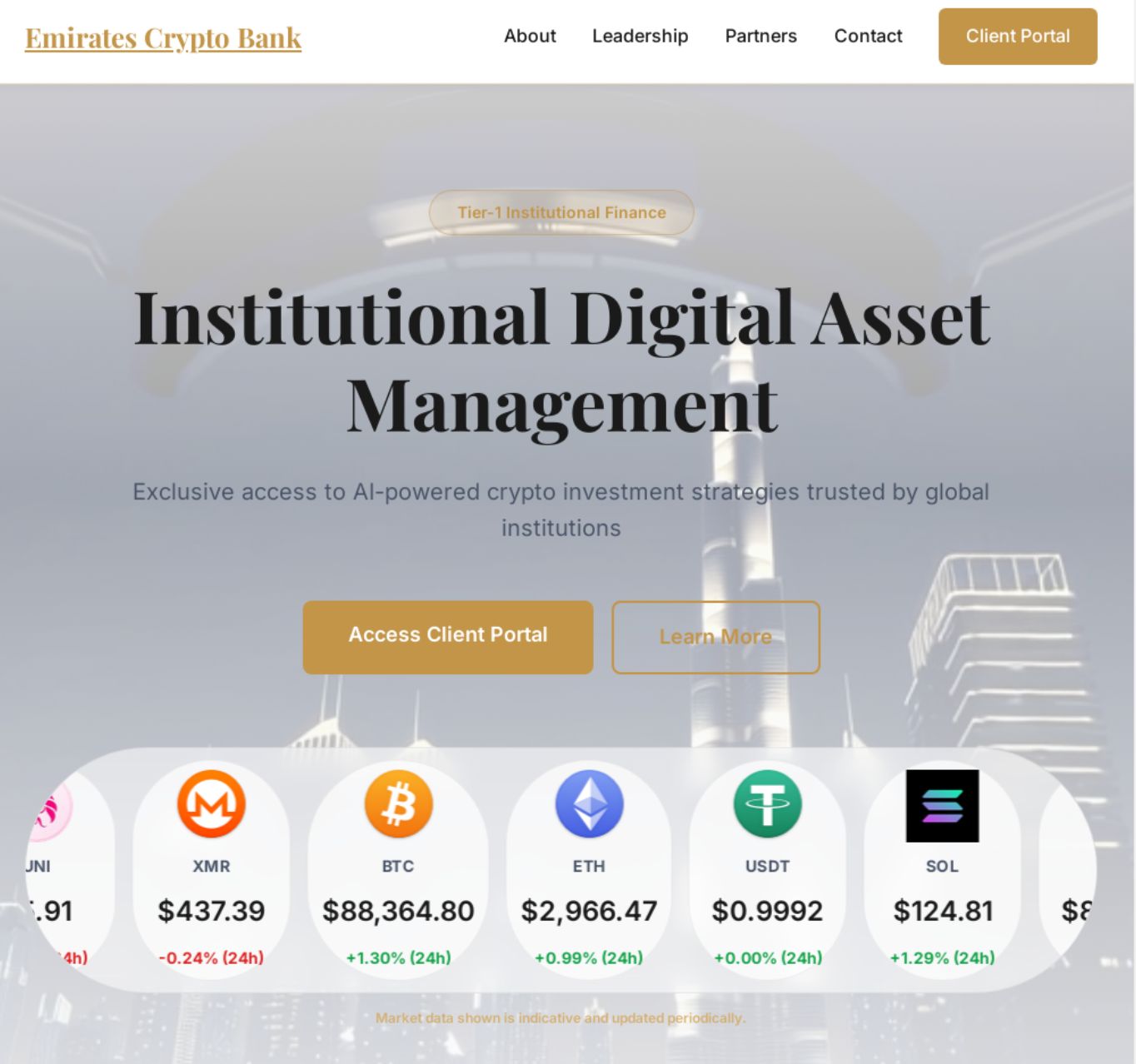 Emirates Crypto Bankの詐欺サイトのホームページには、「Institutional Digital Asset Management」サービスが表示されています。クライアントポータルや詳細情報へのアクセスボタンがあります。暗号通貨のアイコンと価格は下部に記載されています。
