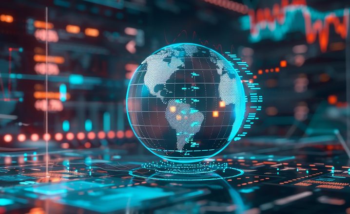 Pictorial representation of a holographic blue globe surrounded by glowing red and blue lights.