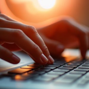 Pictorial representation of hands typing on a keyboard.