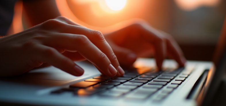 Pictorial representation of hands typing on a keyboard.