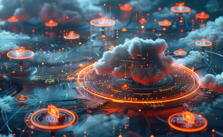 Pictorial representation of "Agent God Mode" in Amazon Bedrock AgentCore. A futuristic digital landscape depicting cloud technology with glowing orange and blue circuits. Several cloud icons are connected by circuits, symbolizing a network.