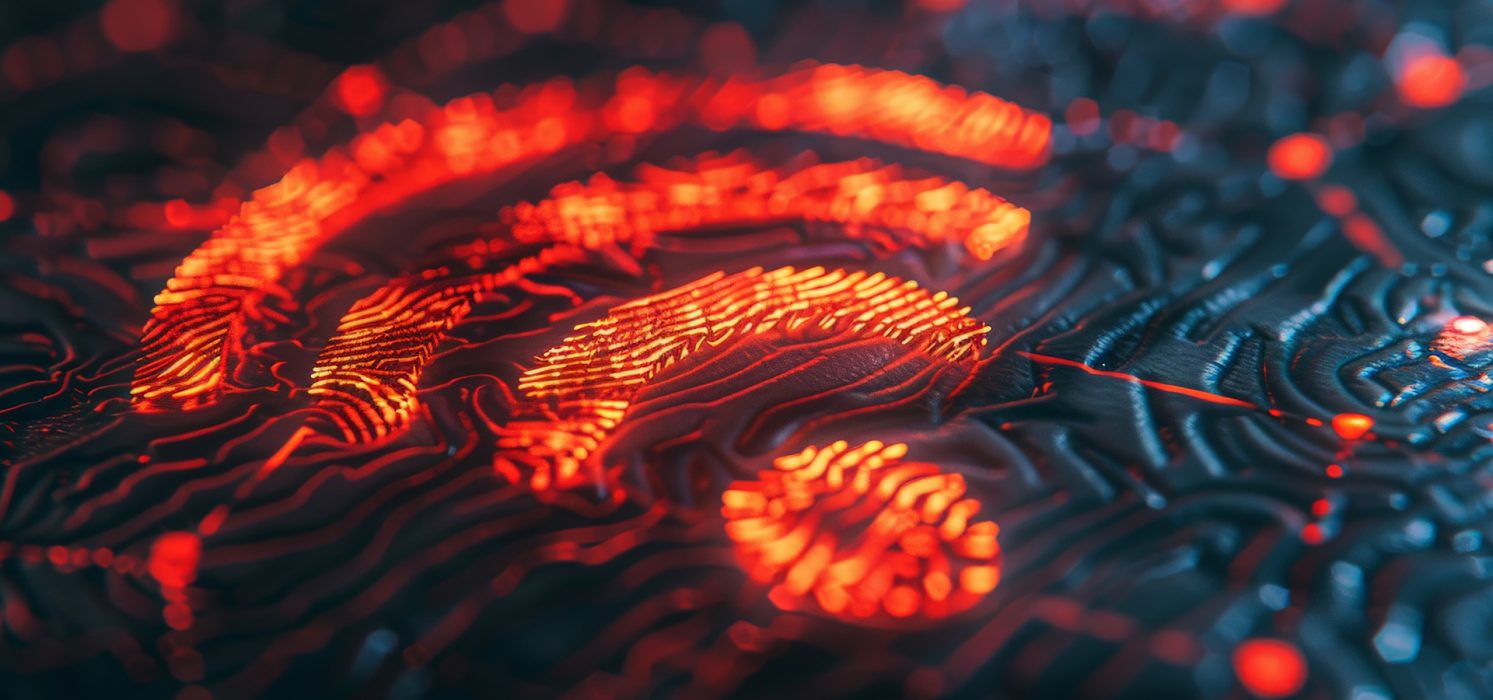 Pictorial representation of CVE-2023-33538. Abstract image of a glowing red Wi-Fi symbol on a circuit board, with intricate patterns and a futuristic appearance.