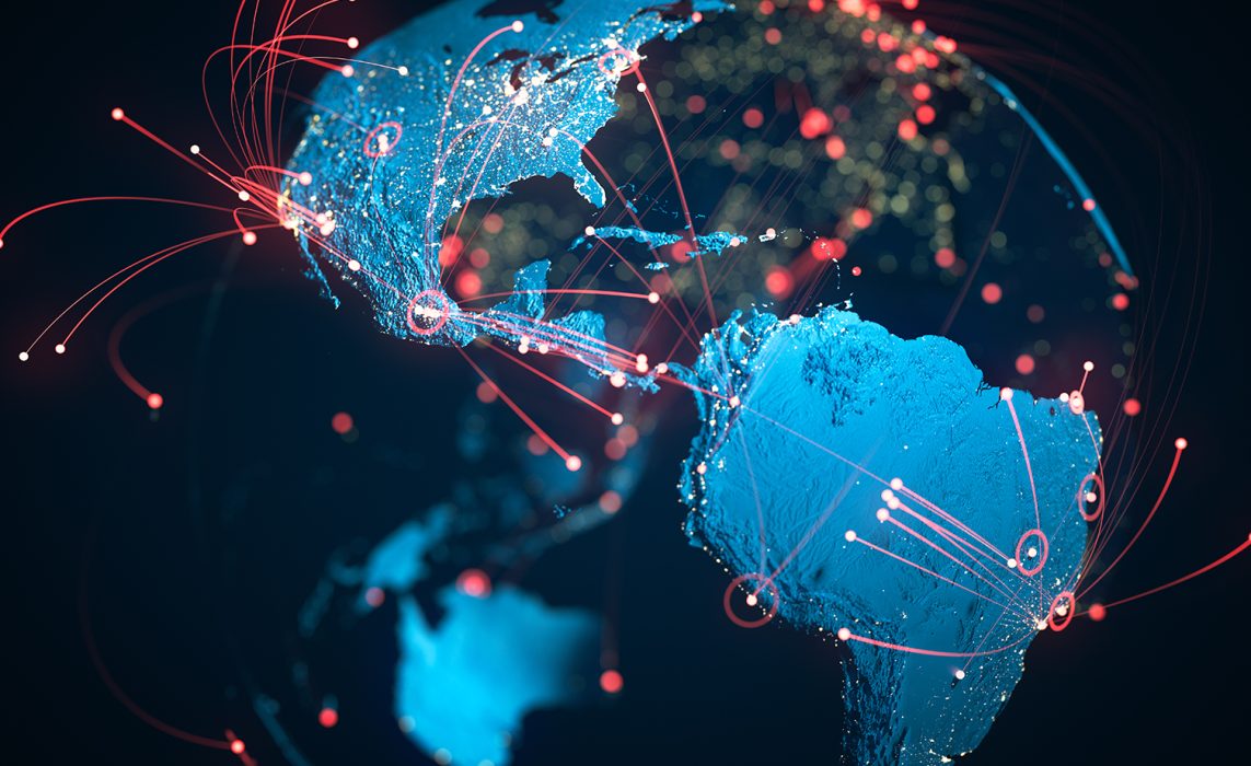 Pictorial representation of AirSnitch attacks on enterprise wireless infrastructure. A globe with the continents illuminated in blue lighting and scattered red lights.
