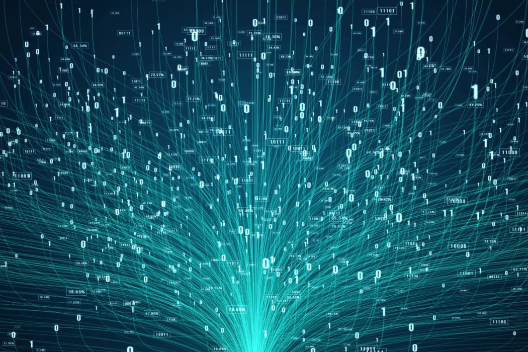 Pictorial representation of Amazon Bedrock's multi-agent applications. A digital illustration depicting complex data flow and connectivity. Numerous lines and nodes extend outward from a central point, resembling a neural network or digital web, against a dark background.