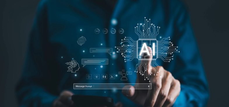 Pictorial representation of high-risk GenAI and agentic browser extensions. A person interacts with a digital screen displaying an AI symbol, circuit patterns, and various technology icons.