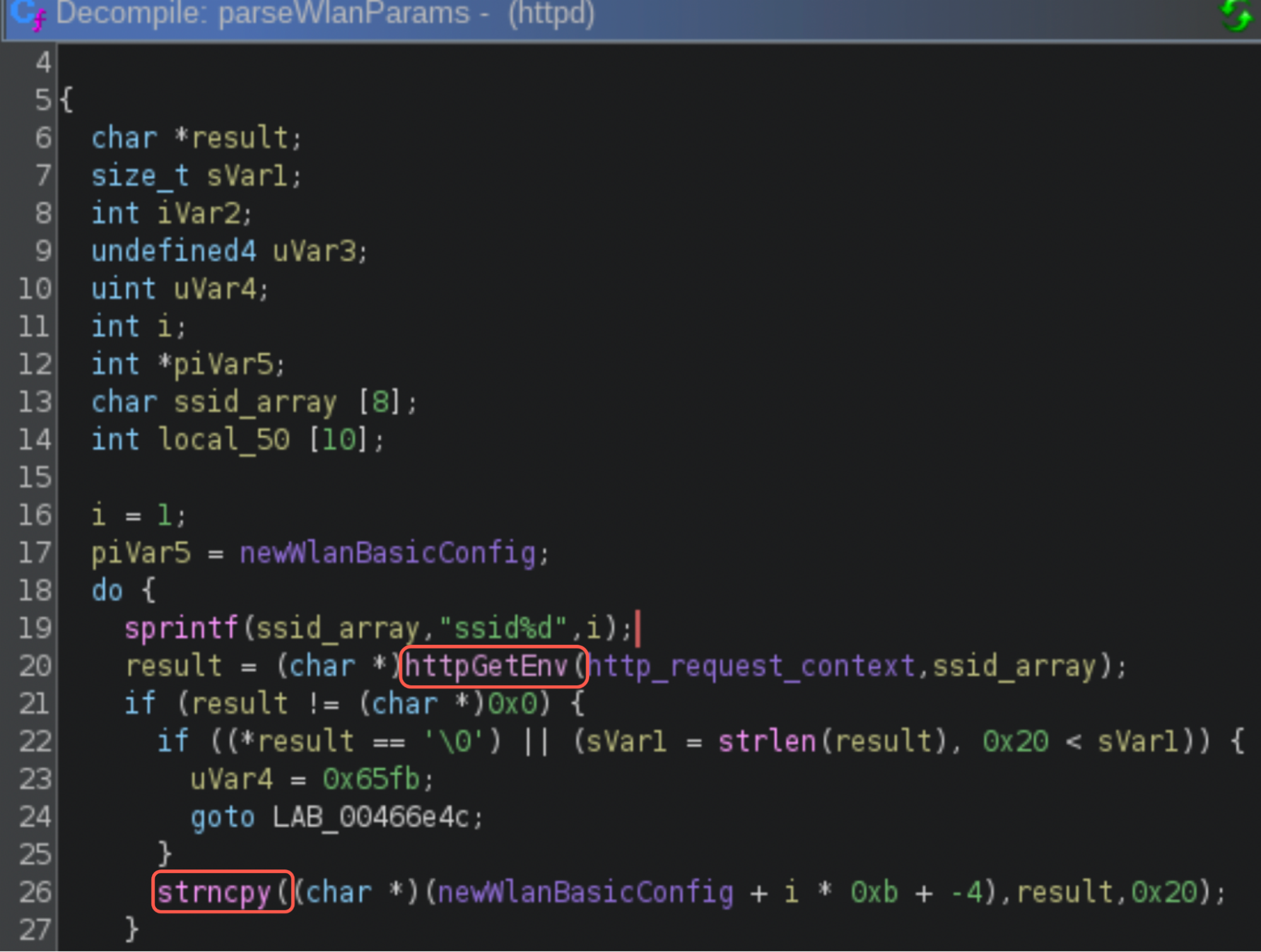 Code snippet from a decompilation, featuring a function. The highlighted lines include function calls. Various variables are defined and manipulated. Syntax elements such as braces, semicolons, and mathematical operations are visible, all in a dark-mode interface.