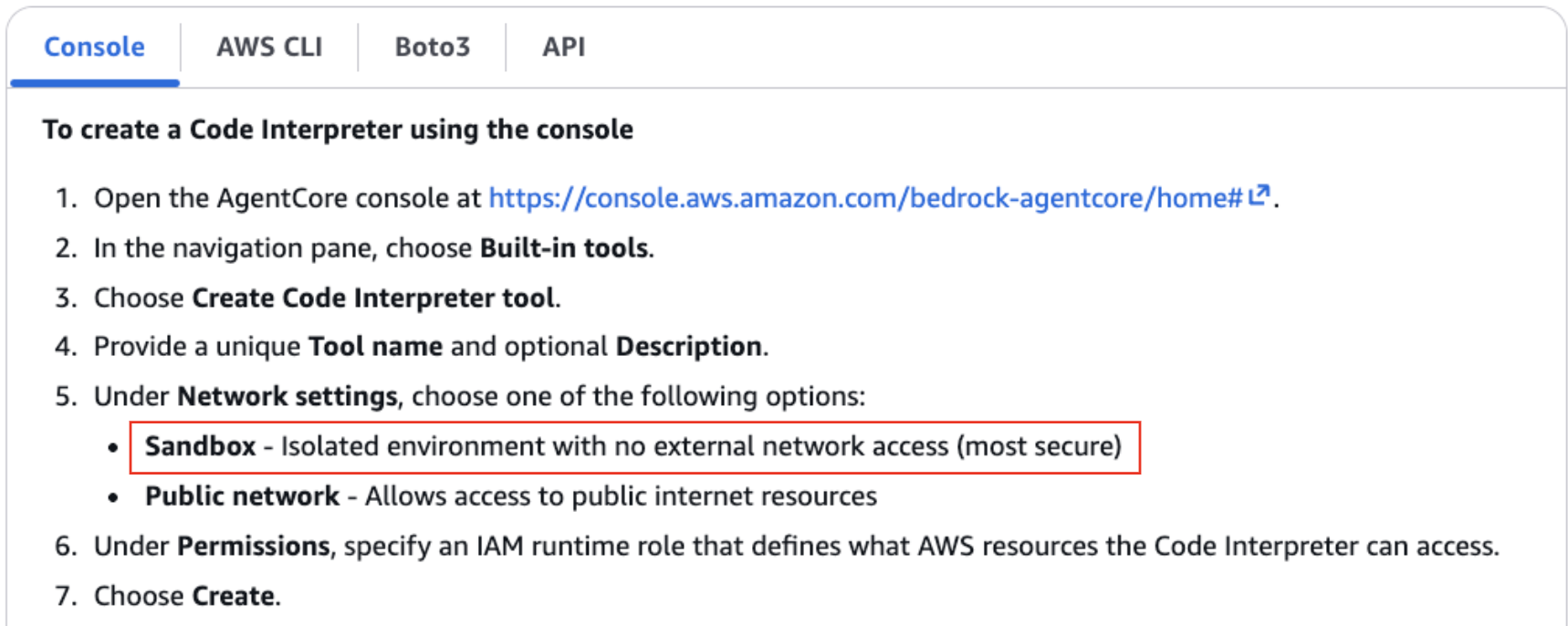 A screenshot of instructions from the AWS console webpage, detailing steps to create a Code Interpreter. Key points include navigating to the Built-in tools, selecting a Tool name and Description, and choosing Network settings. Sandbox, highlighted in red, is noted as a secure option with no external network access.