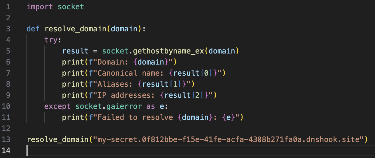 A screenshot of a Python script using the socket library. The script defines a function that takes a domain as an argument and attempts to retrieve its canonical name, aliases, and IP addresses. If resolution fails, it prints an error message. The function is called with a sample domain at the bottom.