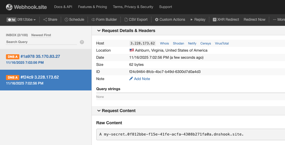 A screenshot of a webpage from Webhook site. It displays request details like IP address, location, date, time, size, and ID. On the left, there are DNS entries and timestamps.