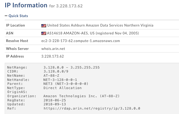 a screenshot of IP information. The IP is located in Ashburn, Virginia, and is associated with Amazon Data Services. It includes the ASN number, and the net range with CIDR. The IP status is listed as "Direct Allocation".