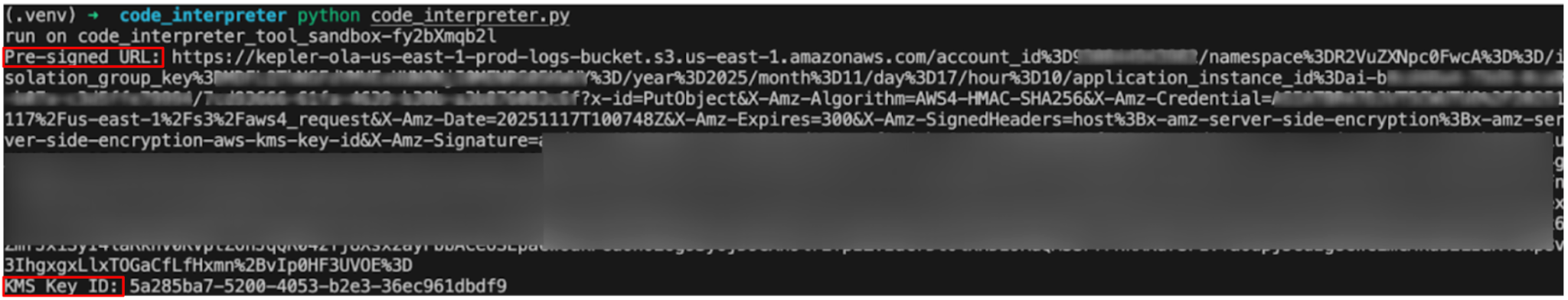 A screenshot of a terminal with command-line text. The code includes a command to run a Python script. There are various URLs, identifiers, and data strings visible. One section is highlighted in red. The background is dark, consistent with a typical coding environment.