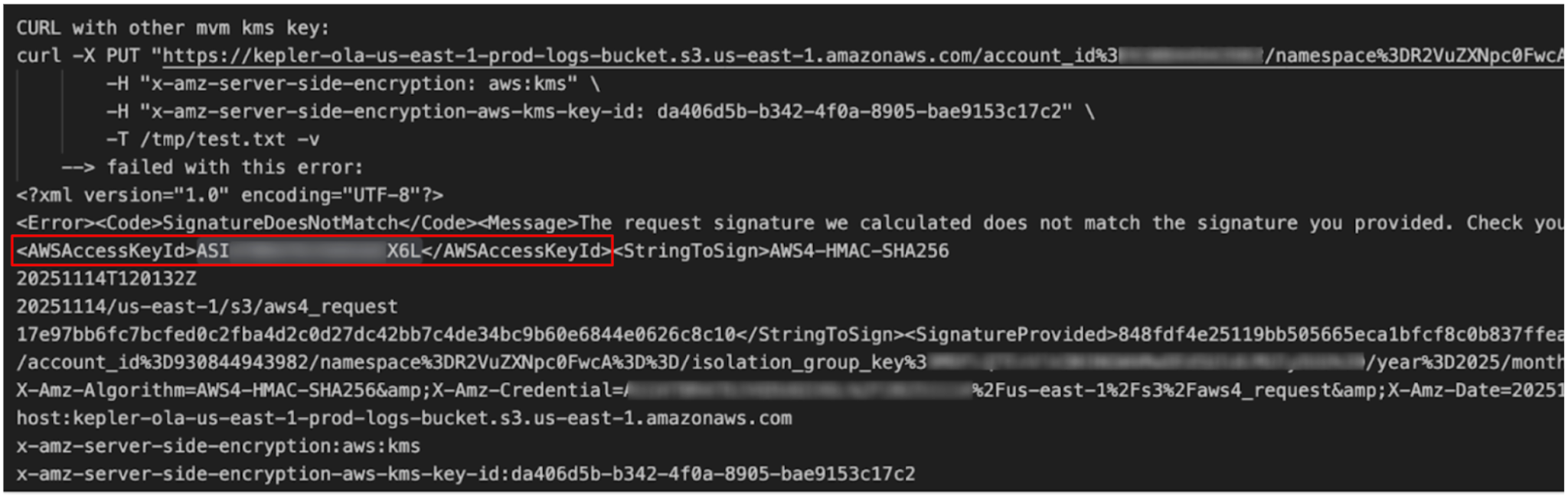 "A screenshot of a terminal window displaying an error message from Amazon Web Services (AWS). The message indicates a signature mismatch, with a section highlighted around the text `AWSAccessKeyId`. It includes a CURL command that failed, along with details of the error response.