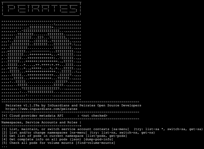 An image of a command-line interface for a tool called Peirates, developed by InGuardians and Peirates Open Source Developers. It includes ASCII art of the tool's name at the top. The interface lists commands related to namespaces, service accounts, and roles, such as listing service account contexts and changing namespaces.
