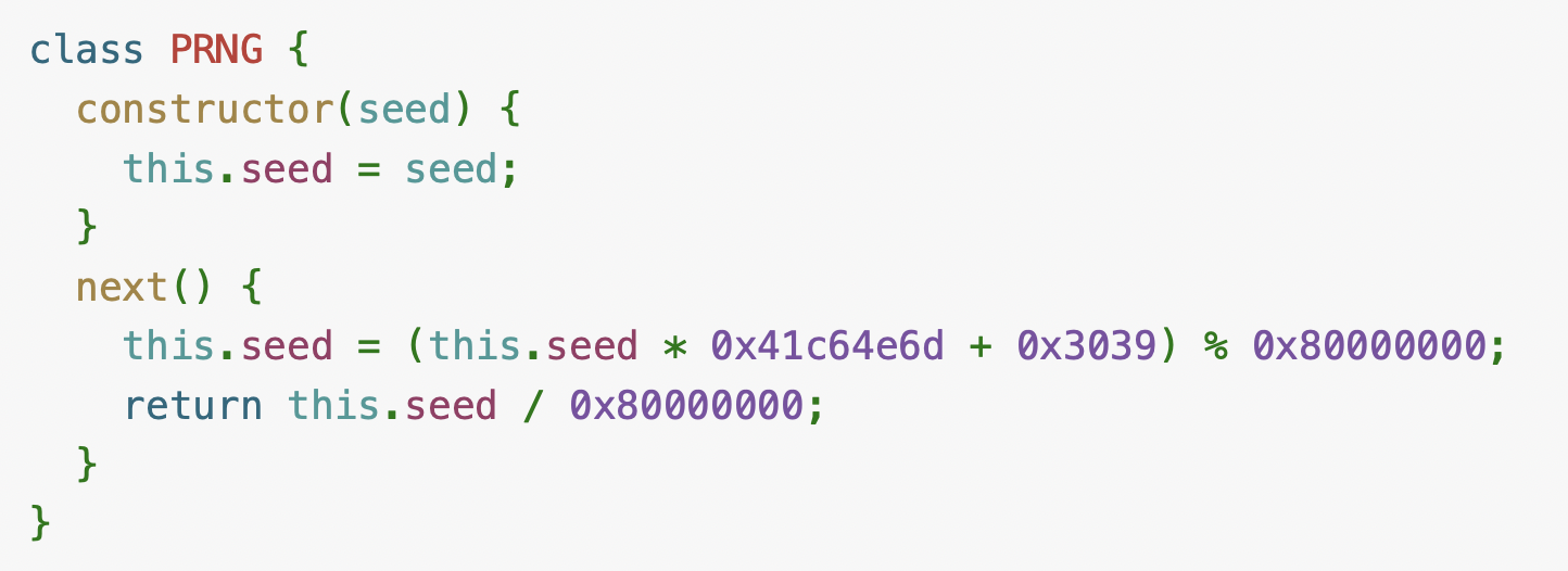 Screenshot of a snippet showing a class named PRNG with a constructor and next methods. The constructor sets a seed value, while the next method recalculates the seed using a specific formula and returns it after division by a large number.