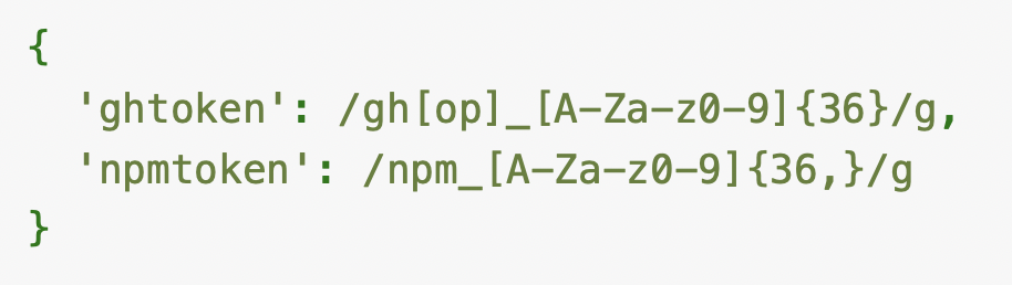 Screenshot of a code snippet showing two regular expressions for detecting tokens: one for 'ghtoken' and another for 'npmtoken', both following a specific pattern.
