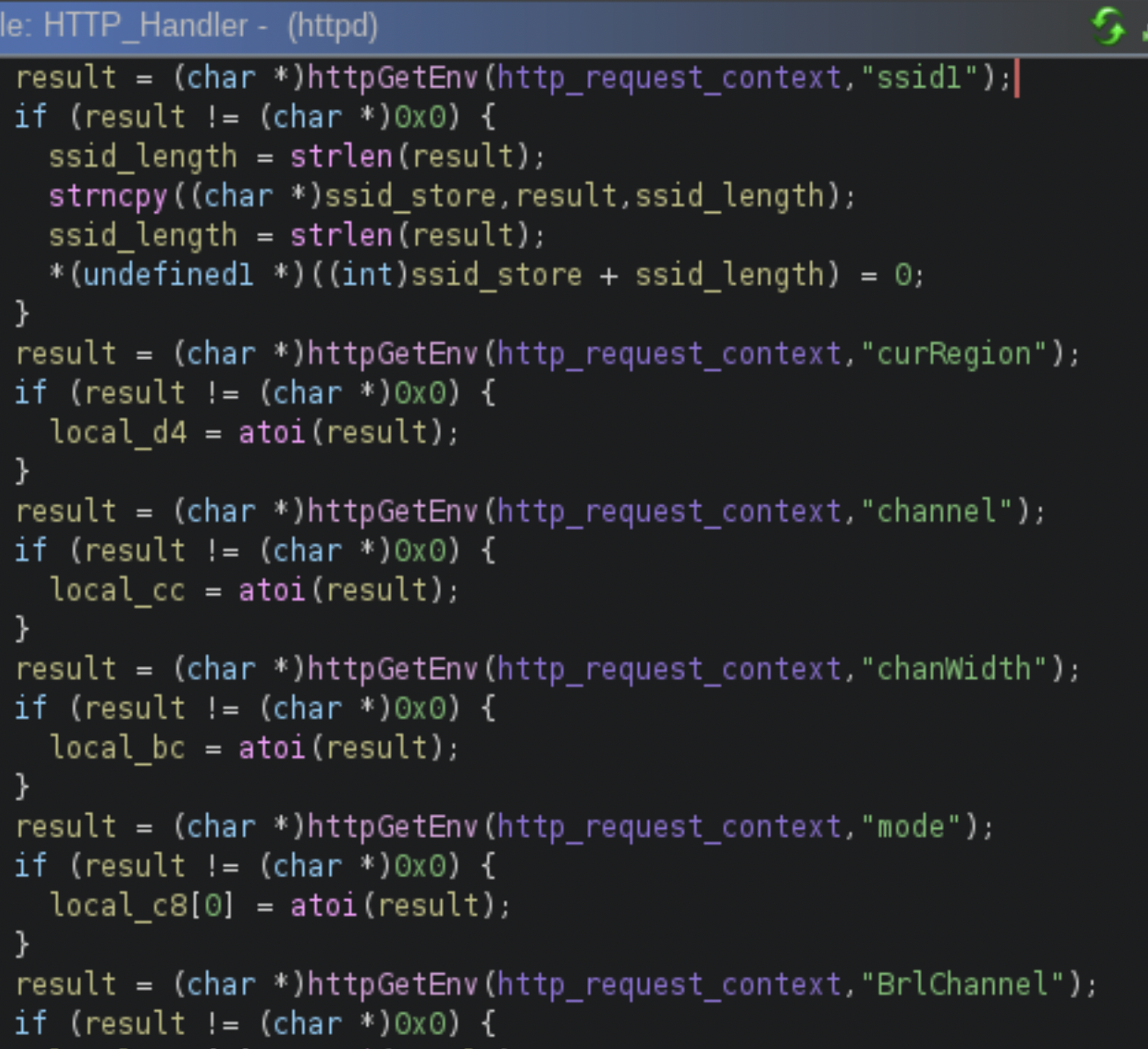 Screenshot of a code editor displaying C programming language. The code involves network settings, extracting variables.