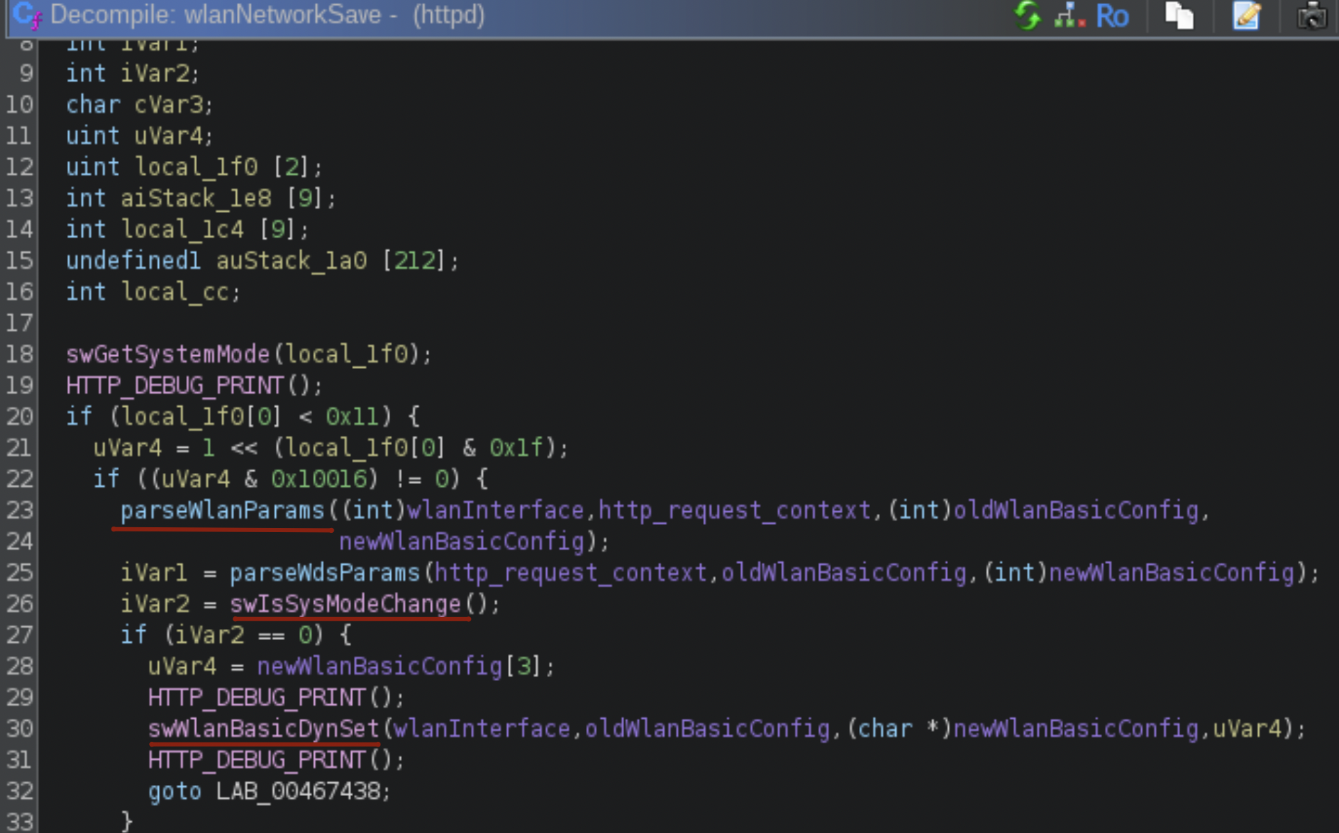 A screenshot of decompiled C code in a text editor. The code features variables, function calls, and hexadecimal values. 