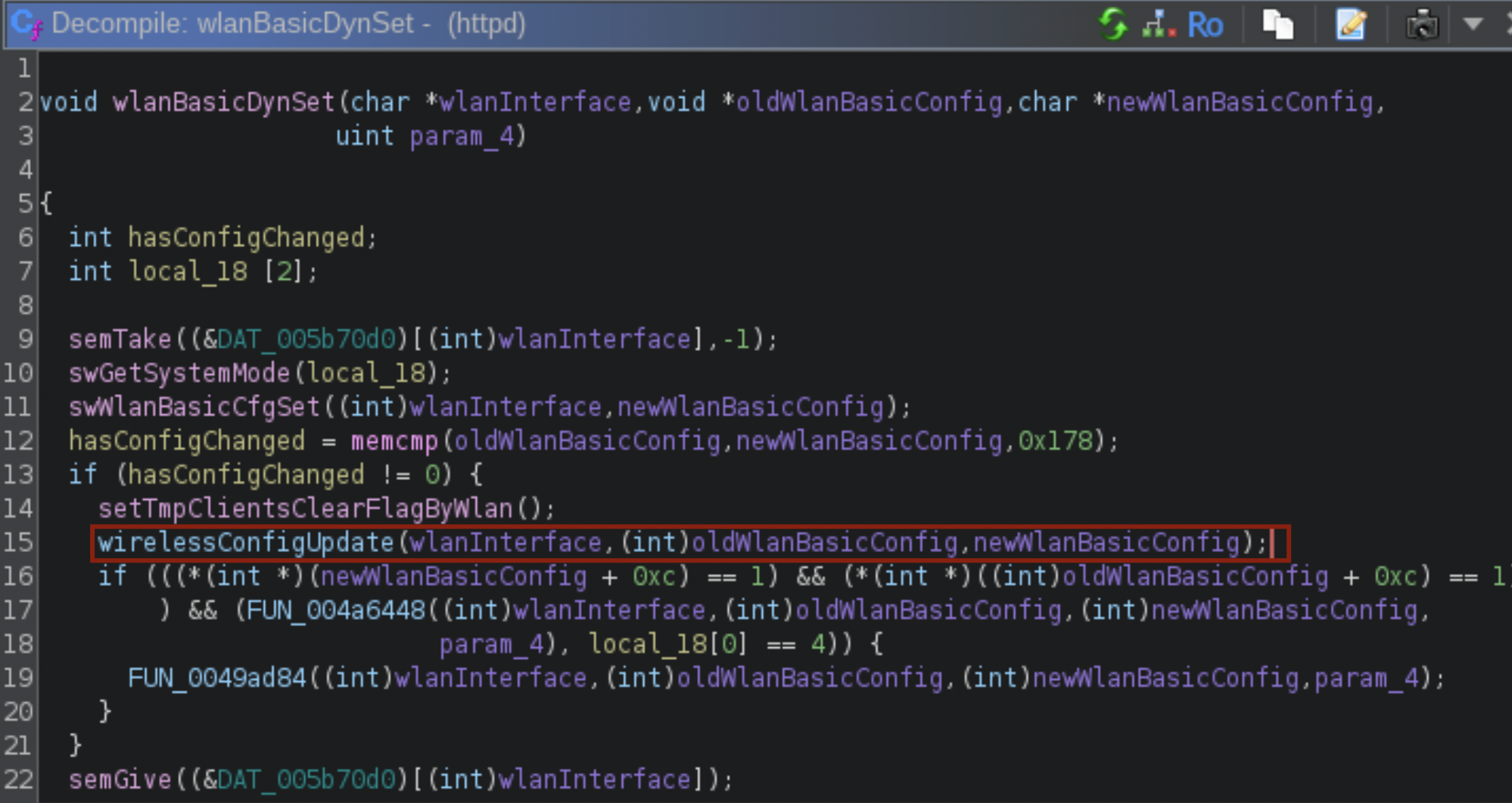 A screenshot of decompiled code is shown in a programming interface. The code snippet includes function calls and displays line numbers on the left.