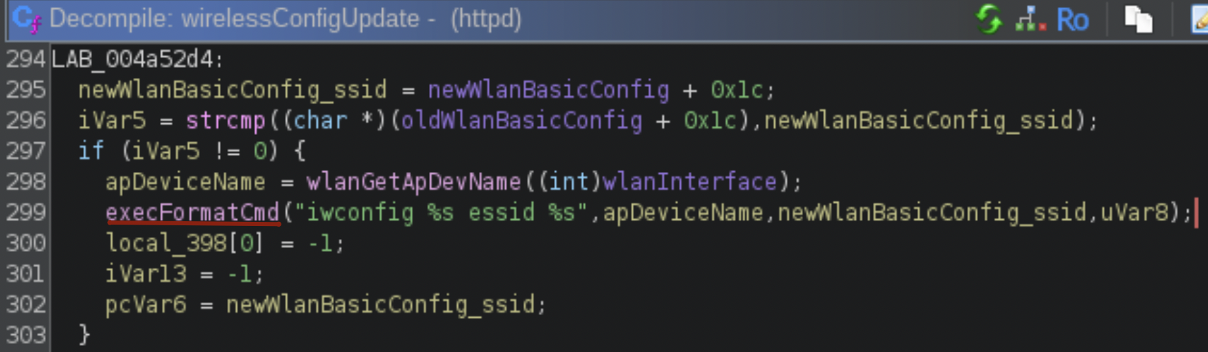 Code snippet showing decompiled output for a function related to wireless configuration. It includes variable assignments and a command execution for configuring a network with the `iwconfig` tool. A line is highlighted, emphasizing the command format string.