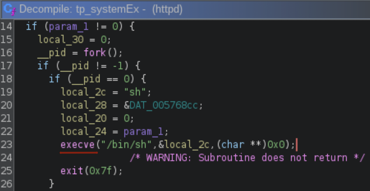 This image shows a screenshot of decompiled code in a text editor. The editor has syntax highlighting, with comments indicating a warning about a subroutine. 