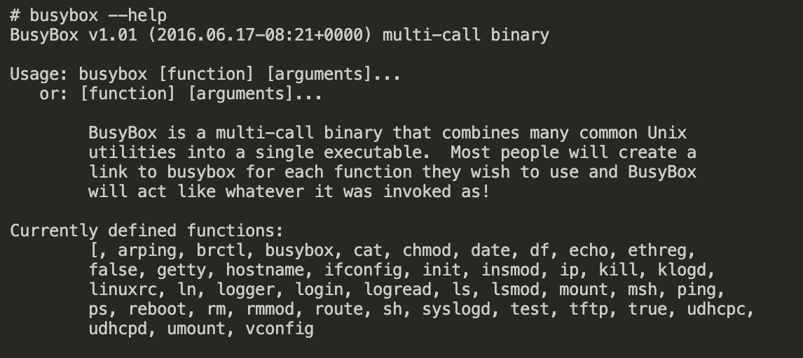 The image shows a command-line interface displaying a manual page for BusyBox v1.01. It describes BusyBox as a multi-call binary with various functions like cat, chmod, and df, among others.