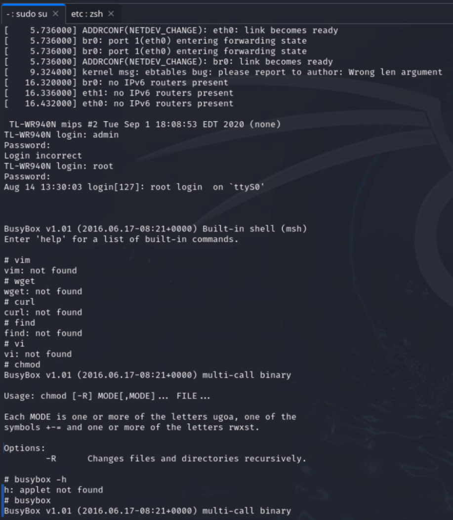 The image shows a computer screen displaying a terminal window. The text details various system logs and processes related to network configurations and device operations. The logs indicate changes in network states and possible errors related to IPv6. Towards the end, a login prompt for "busybox v1.01" appears, requesting a password. There are several usage instructions for terminal commands.