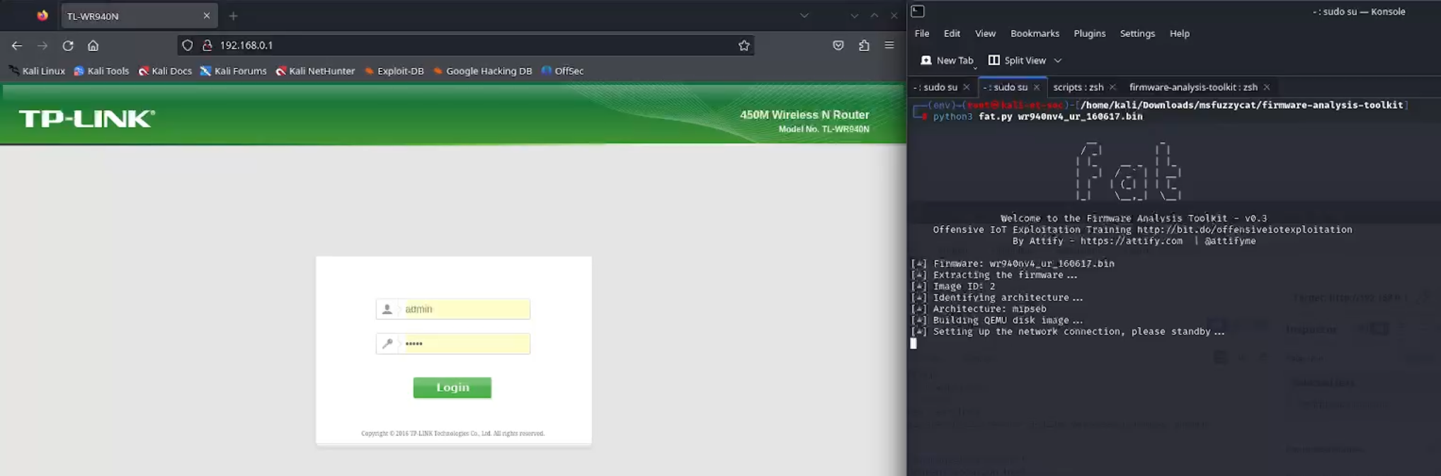 The image shows a computer screen split between a web browser and a command-line interface. The browser displays a TP‑Link login page, with fields for username and password. The command line on the right displays programming work related to creating a web server, with a successful connection message to a browser.
