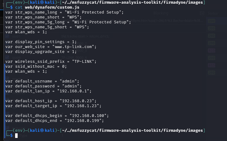 A terminal window displays a code snippet. The code includes configuration settings for a router, such as "Wi‑Fi Protected Setup," default usernames and IP addresses, and network SSID information like "TP‑LINK."