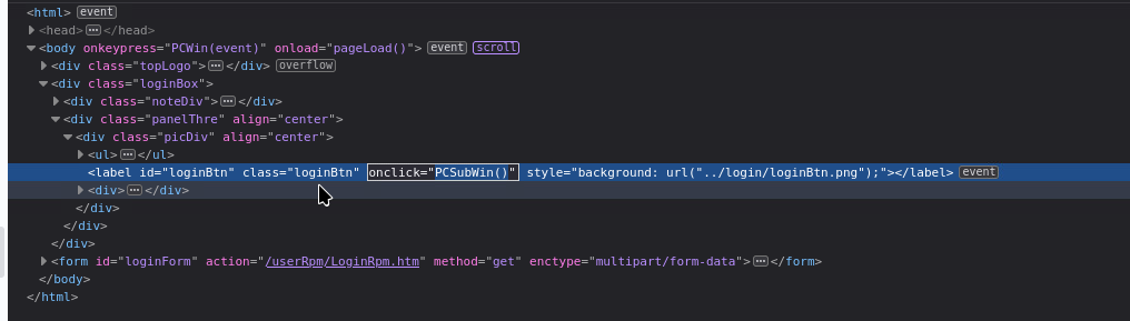 Screenshot of a section of HTML code with a highlighted line that includes a label with the ID "loginBtn" and a background style pointing to a login image. The mouse pointer hovers over this section.