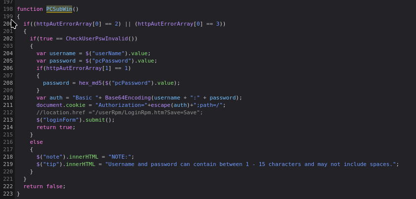 Code snippet screenshot displaying a JavaScript function. It checks for errors and validates user input for a username and password. The code includes conditionals and error handling.