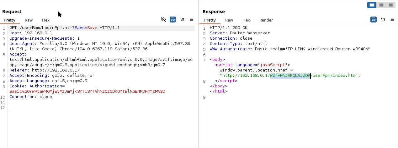 The left panel shows an HTTP request to a TP-Link device, with header details like Host and User-Agent. The right panel displays an HTTP response with references to a TP-Link router, featuring web content directing to a login page URL.