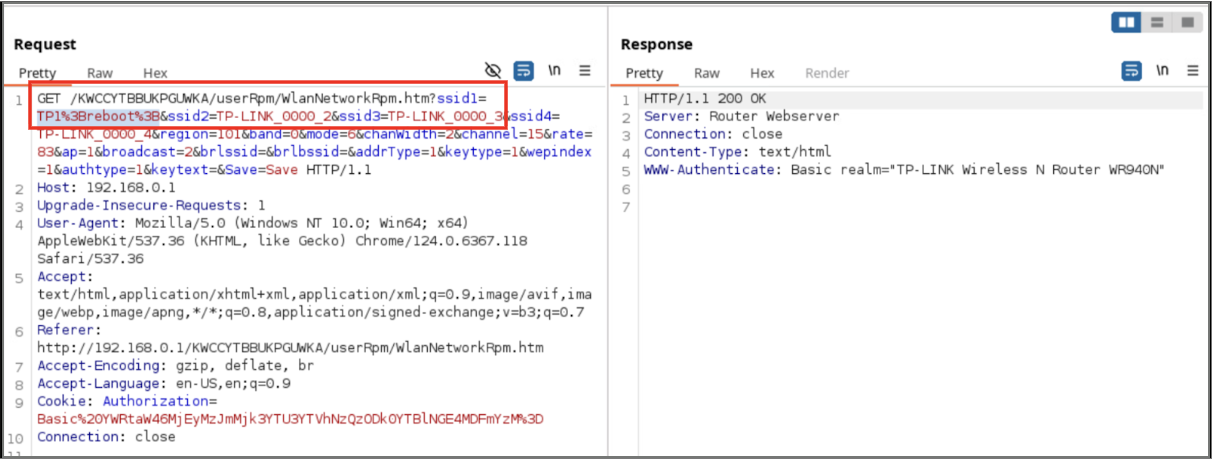 A split-screen image displays a web debugging tool interface. On the left, the "Request" section shows a GET request for a TP-Link wireless router webpage, with URL parameters highlighted. On the right, the "Response" section confirms a successful connection to the router's web server.